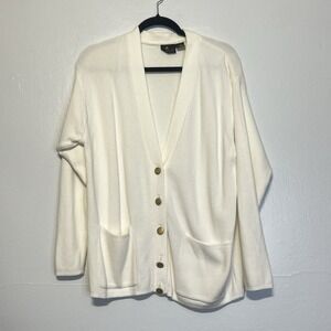 Vtg Liz Sport‎ Knit Cardigan Sweater Deep V-Neck Gold Buttons pockets Oversize S